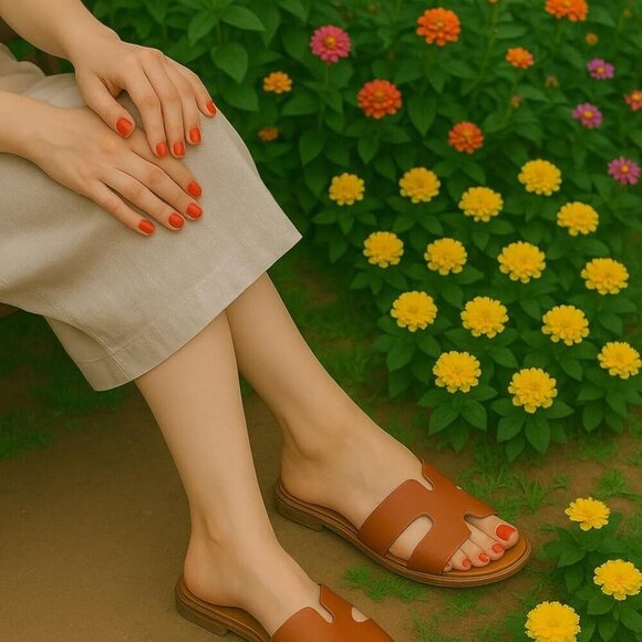 Cutout Strap Slides for Women Faux Leather Summer Flats Water Resistant - Picture 2 of 9